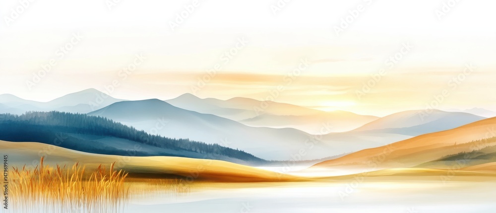 Fototapeta premium Serene sunrise over misty mountains, golden fields, and a calm lake with soft light illuminating the landscape.