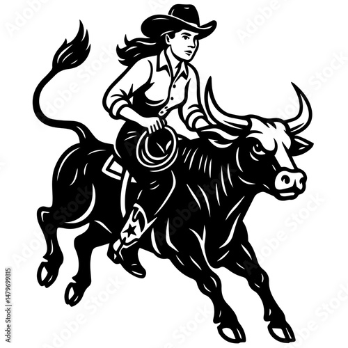 Cowgirl riding a bull in dynamic motion, western style female rodeo vector illustration in black and white