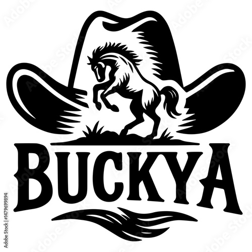 Rearing horse inside a cowboy hat with bold text “BUCKYA”, dynamic western emblem in black and white retro style