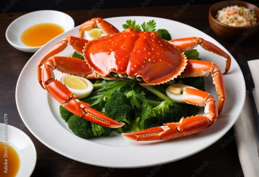 Crabs and broccoli on a plate with a fork Crabs and broccoli on a plate with a fork