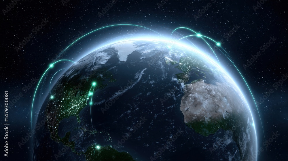 Obraz premium A glowing Earth viewed from space, with digital light trails connecting continents, symbolizing global communication and technology.