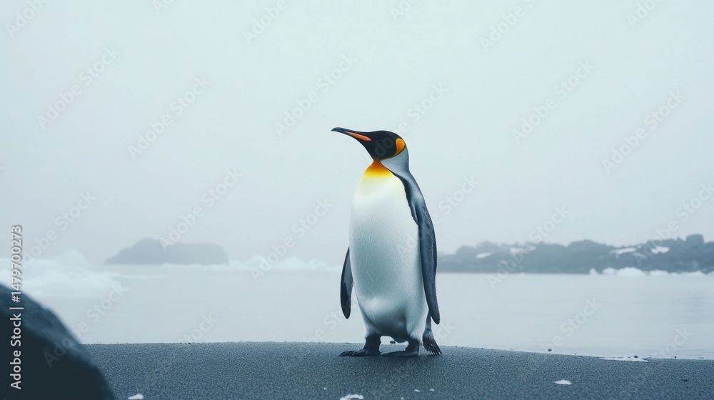 Fototapeta premium The bright chest of a king penguin stands out against the desaturated tones of a foggy, icy field