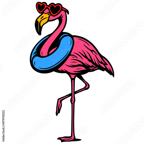 Pink flamingo with heart sunglasses and blue swim ring, fun tropical bird cartoon for summer design, colorful and playful illustration