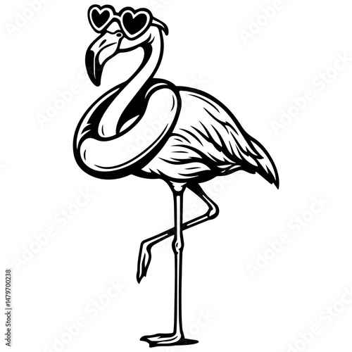 Standing flamingo with heart sunglasses and swim ring, summer holiday cartoon vector in bold black and white retro style