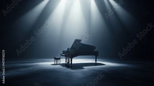Theater-style stage lighting shines on a sleek grand piano at center stage, surrounded by quiet emptiness