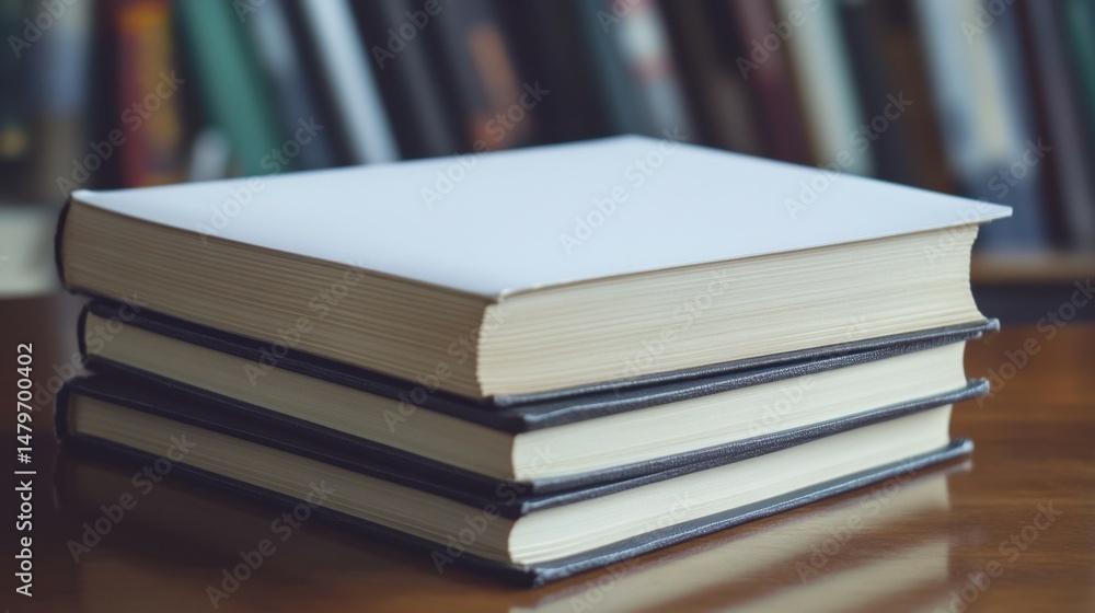 Fototapeta premium A blank book cover resting on a stack of textbooks.
