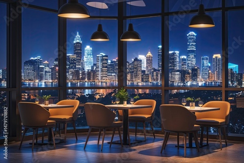 Modern Nighttime Office Caf� with City Skyline for Executive Meetings