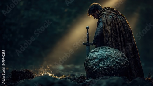 Pensive warrior kneeling beside sword and boulder in mystical forest.  Sunlight streams from above, illuminating the scene