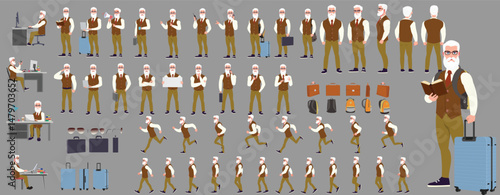 Man Character design. Front, side, back view and explainer animation poses. Character set with lip sync and facial expressions of Happy, angry, sad, Joy with Side walk cycle animation sequence sprite 