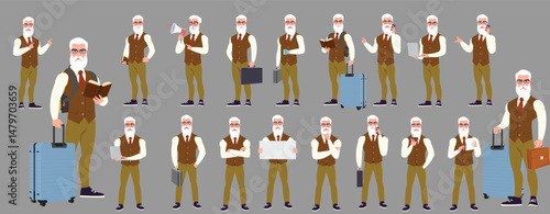 Man Character design. Front, side, back view and explainer animation poses. Character set with lip sync and facial expressions of Happy, angry, sad, Joy with Side walk cycle animation sequence sprite 