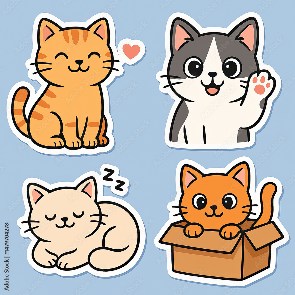 Set of cute cartoon cats with heart, paw wave, sleeping pose and box on blue background, sticker pack Set of cute cartoon cats with heart, paw wave, sleeping pose and box on blue background, sticker pack