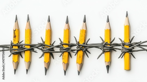 Pencils imprisoned in barbed wire on white background.Barbed pencil, prisoner pencil,press freedom day. Freedom of expression, censorship