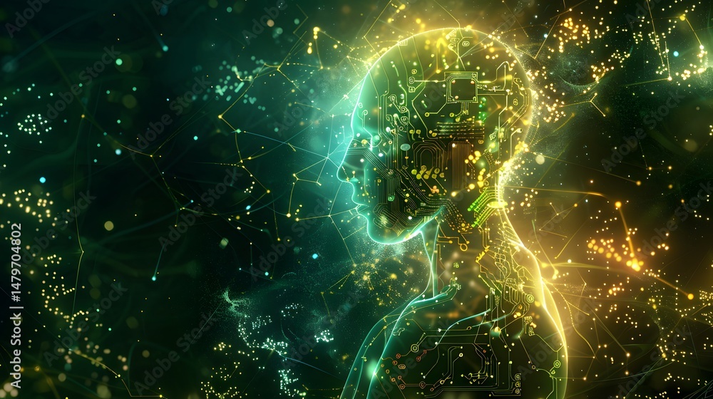 Obraz premium Abstract representation of artificial intelligence with a glowing human silhouette and circuits