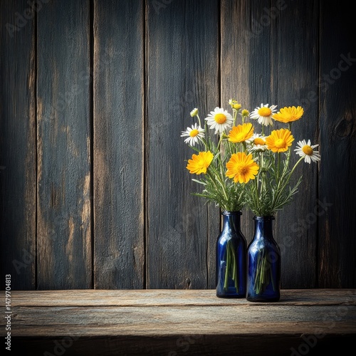 Still life of yellow and white flowers in small blue bottles on a rustic wooden table, against a dark wooden wall