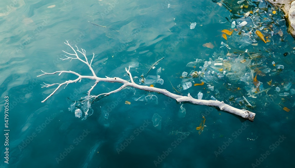 Fototapeta premium Floating debris and plastic pollution in calm water.
