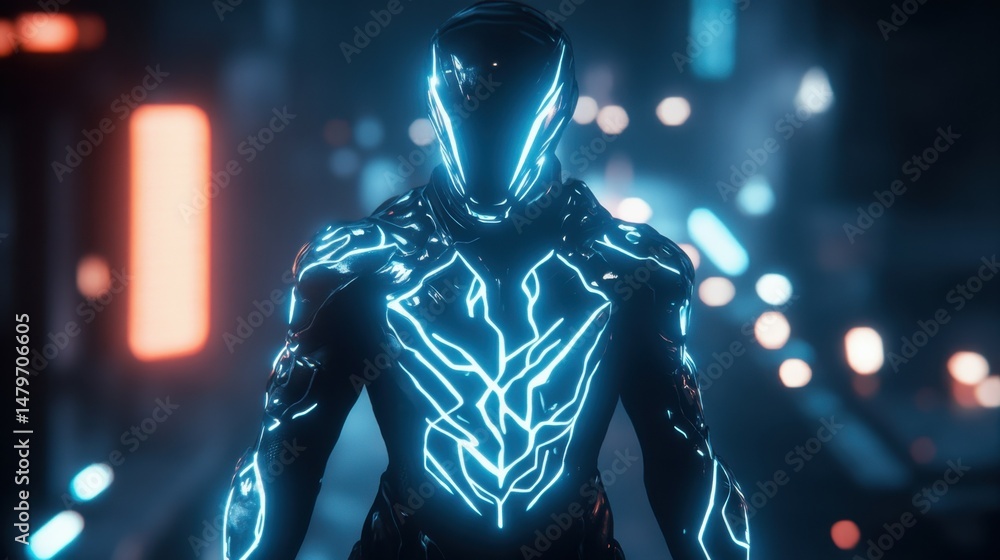 Naklejka premium A digital avatar controlled by a real-world player, glowing with dynamic armor.
