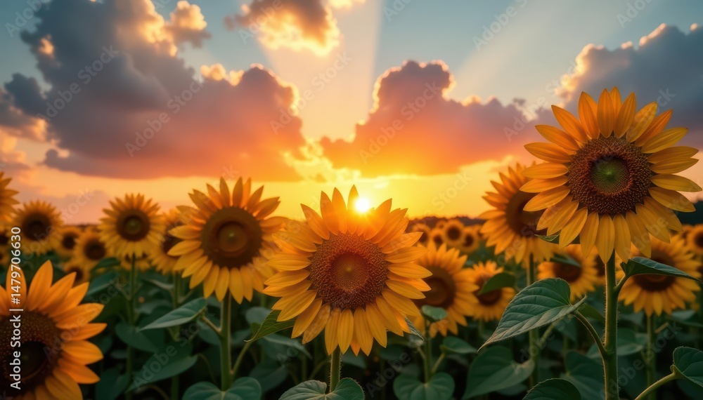 Obraz premium Tall sunflowers facing setting sun, intense colors , dramatic, purple, contrast