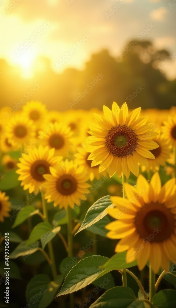 Naklejka premium Tall sunflowers bathed in warm sunlight, golden field , day, flora, tall