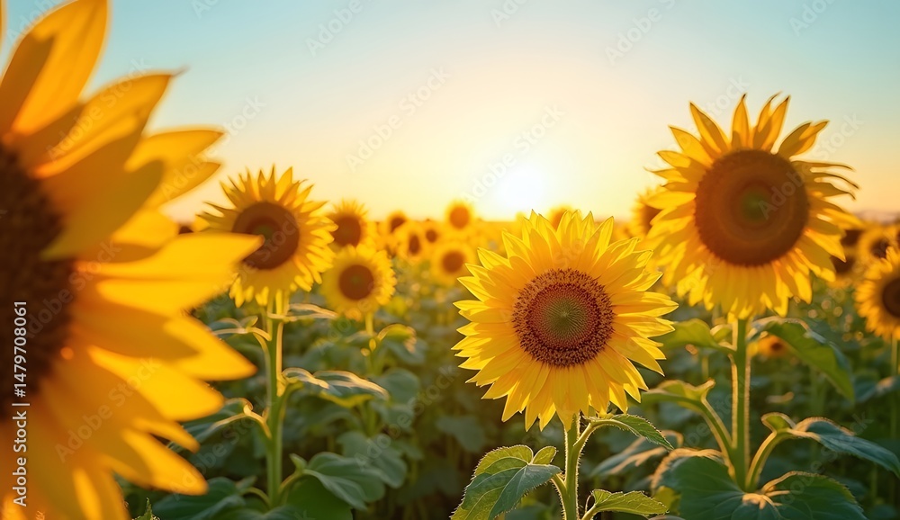 Fototapeta premium Sunflower Field in Full Bloom: Bright yellow sunflowers facing the sun across a wide open field, clear sky