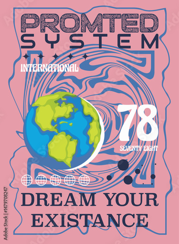 Futuristic graphic t-shirt design emphasizing a stylized Earth with abstract cosmic and digital elements