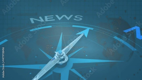Compass rose rotating with transparent needle over dotted world map with NEWS text in flat design