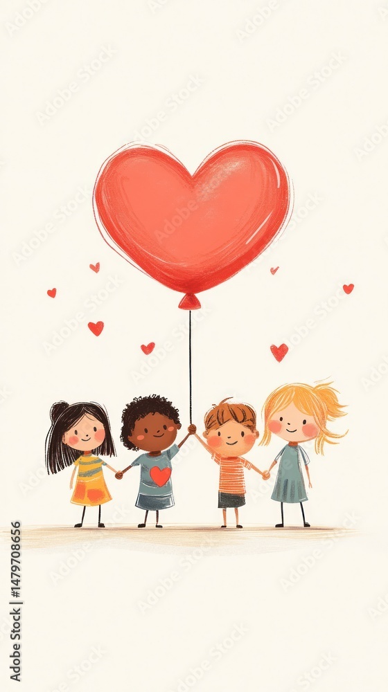 Four children holding hands, sharing a large red heart balloon. Four children holding hands, sharing a large red heart balloon.