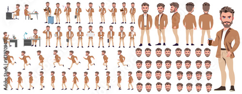 Man Character design. Front, side, back view and explainer animation poses. Character set with lip sync and facial expressions of Happy, angry, sad, Joy with Side walk cycle animation sequence sprite 