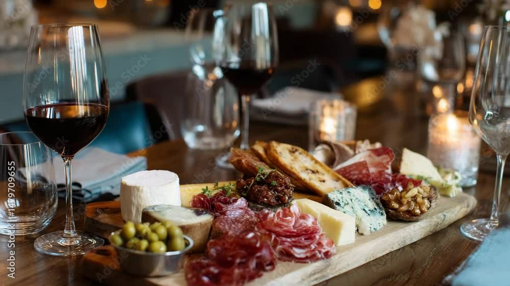A beautifully curated charcuterie board with wine A beautifully curated charcuterie board with wine