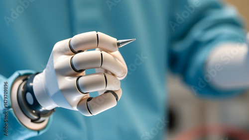 Futuristic robotic hand holding syringe, symbolizing automation in medical procedures, AI-assisted healthcare, robotic injections, and technological advancement in precision medicine and diagnostics
