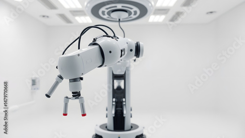 Advanced surgical robot mounted under ceiling system in modern operating room, symbolizing precision robotic-assisted surgery, sterile surgical technology, and innovation in minimally invasive healthc