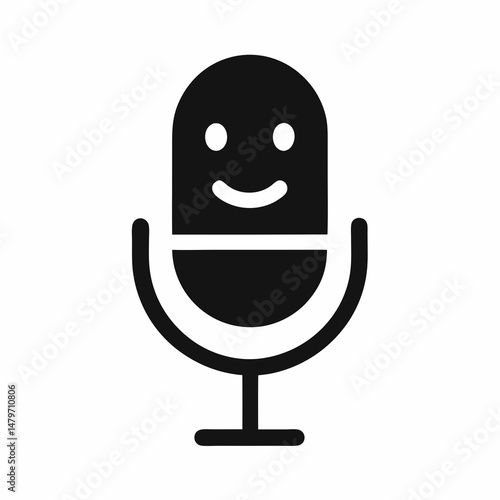 Vector Illustration of a Smiling Microphone Icon for Podcasting, Entertainment, and Speech in Black Silhouette


