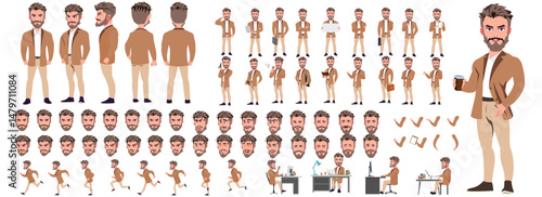 Man Character design. Front, side, back view and explainer animation poses. Character set with lip sync and facial expressions of Happy, angry, sad, Joy with Side walk cycle animation sequence sprite 