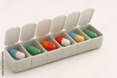 Open weekly pill organizer filled with colorful tablets and capsules, representing medication management, pharmaceutical care, and structured daily treatment routines in personal healthcare
