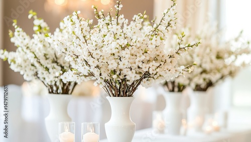 Elegant white floral arrangements in vases, soft lighting,  a festive setting.  Several small white blossoms on branches,  in simple white vases,  on a white table. Soft light suggests a celebration
