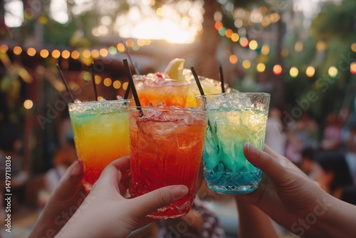 A group of friends toasting with vibrant, colorful mocktails at a festive summer garden party