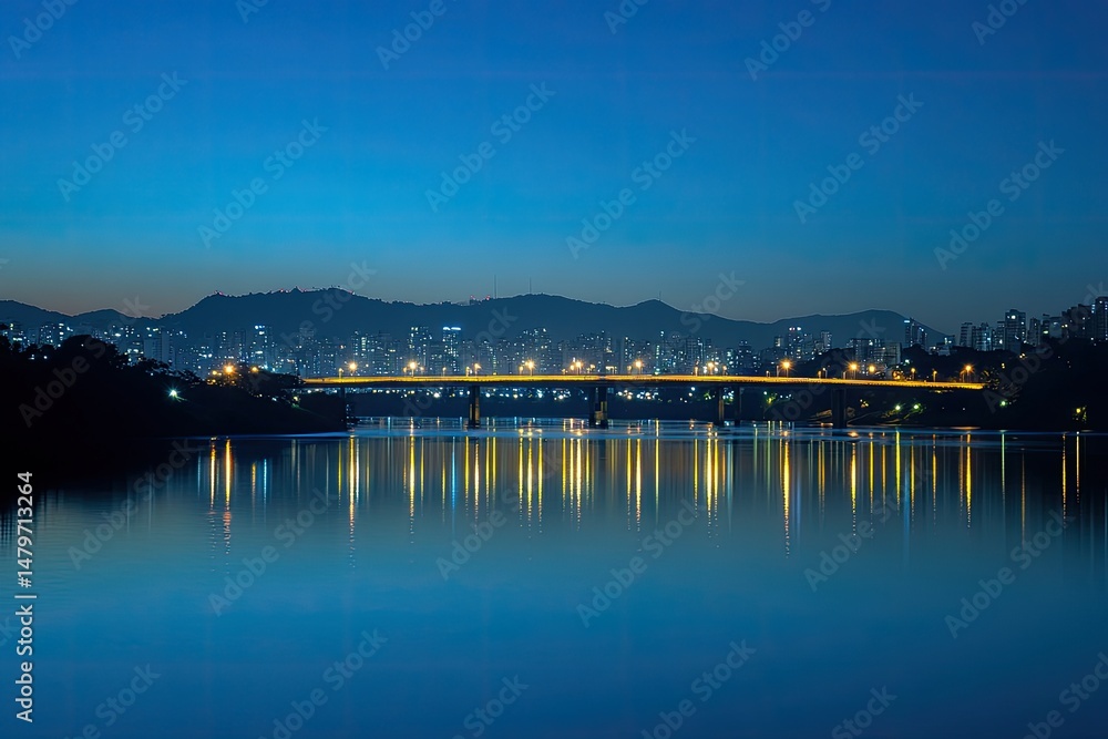 Fototapeta premium Panoramic view of Sao Paulo city skyline with the hills in the background, a bridge over the river, and buildings.