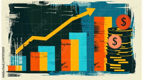 Illustration showing a rising financial graph with bar charts and dollar coins, representing growth