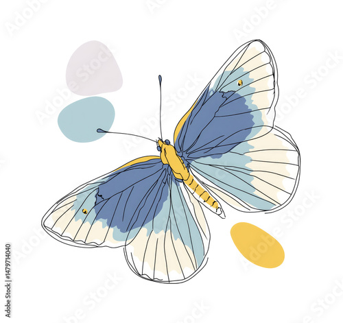 Simple line clip art of a butterfly, in shades of blue and yellow, on a white background with pastel colors
