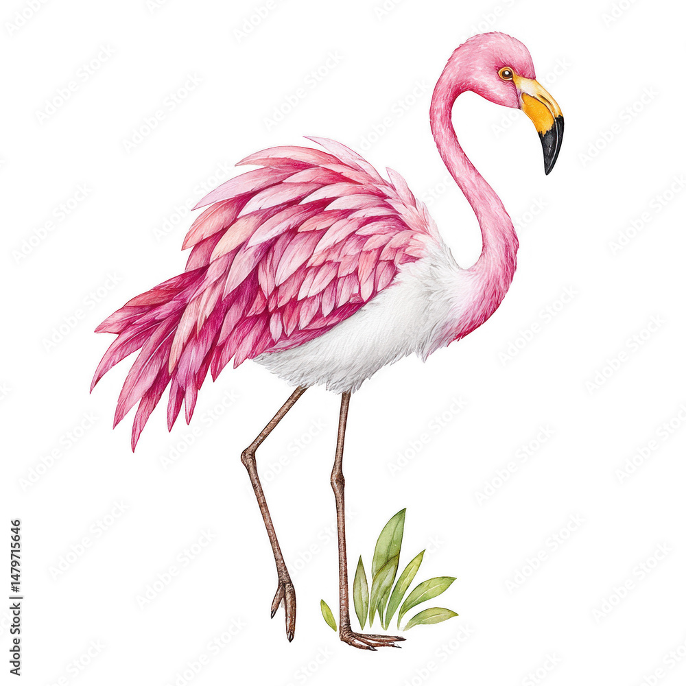 Obraz premium A watercolor flamingo with pink plumage stands gracefully in the grass.