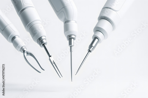 Close-up of advanced surgical robotic tools with precision tips, representing modern robotic-assisted surgery, high-tech medical instruments, and innovation in minimally invasive clinical procedures
