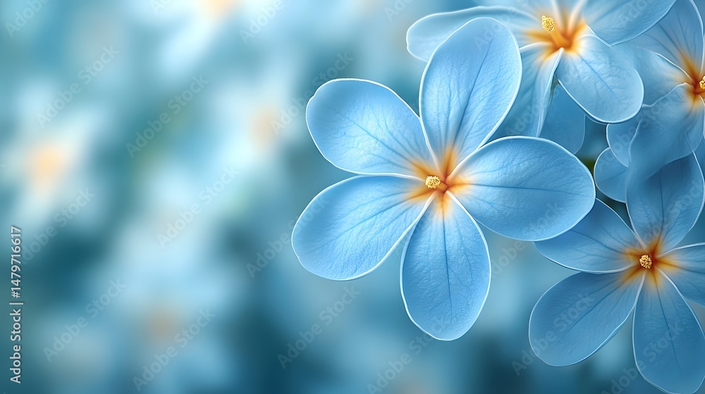 Naklejka premium Beautiful blue plumeria flowers in full bloom against a soft blur background displaying a sense of tranquility and floral elegance
