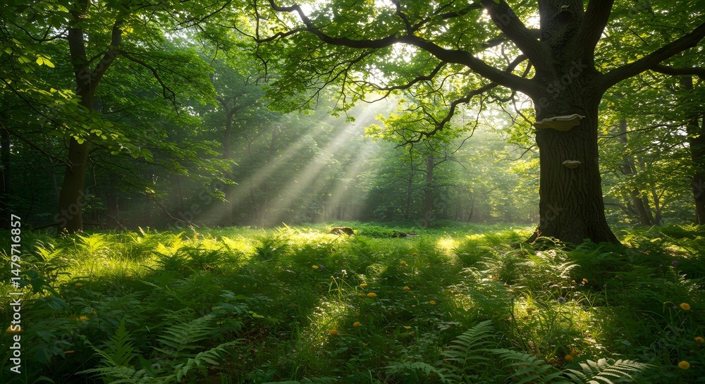 Obraz premium Sunbeams Filtering Through a Lush Green Forest