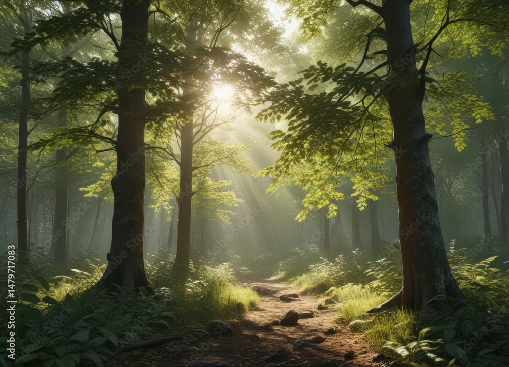 Fototapeta premium Dense forest with sunlight dappling through leaves, twig, bush, branch