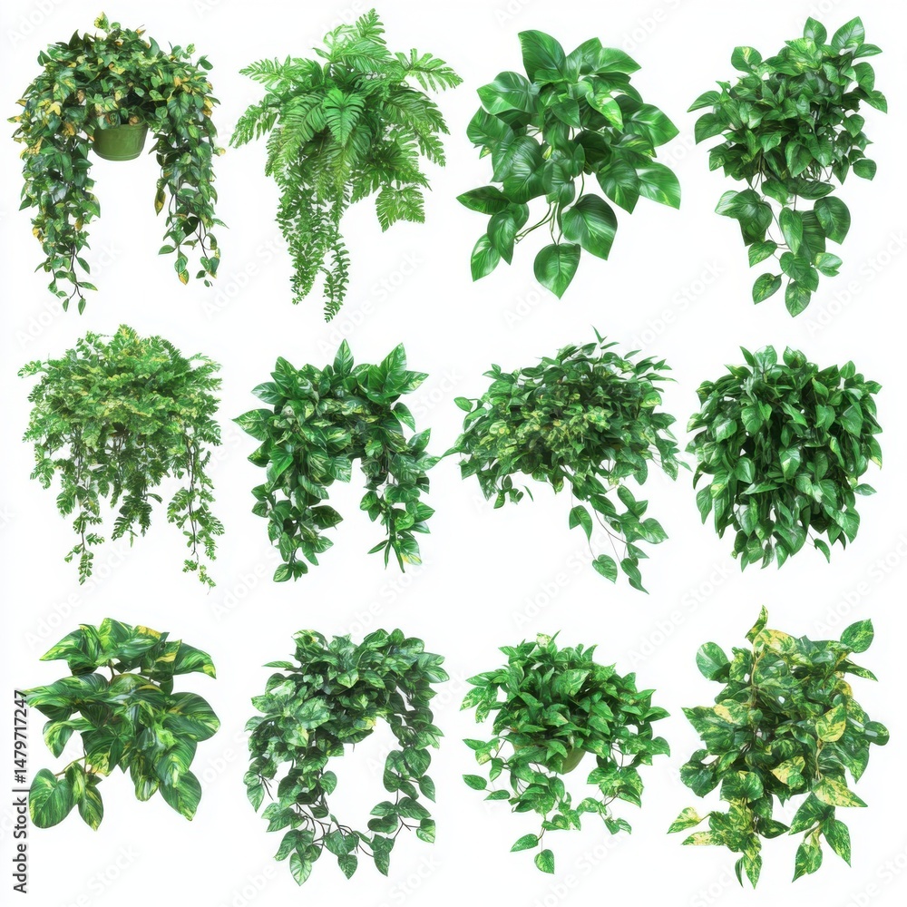 Naklejka premium Assorted Potted Plants on White Backdrop Studio Shot Featuring Ferns and Pothos Vines for Interior Design and Decoration