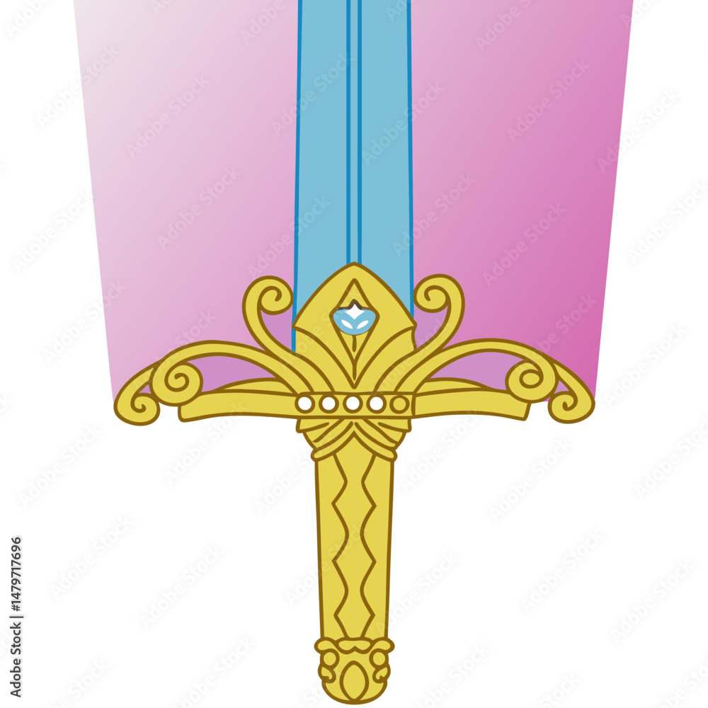 Obraz premium Sword with golden hilt and blue blade on a pink background 