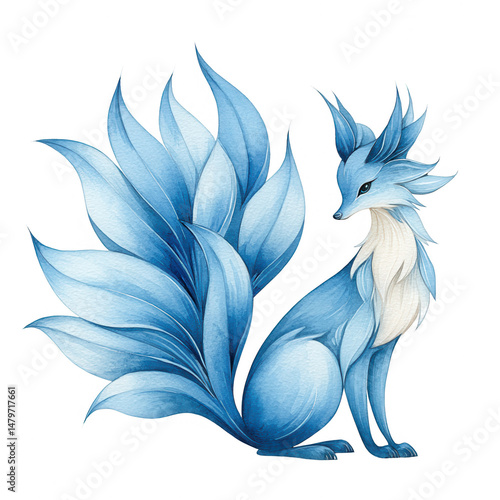 A charming watercolor painting of a blue nine tailed fox on a white background.