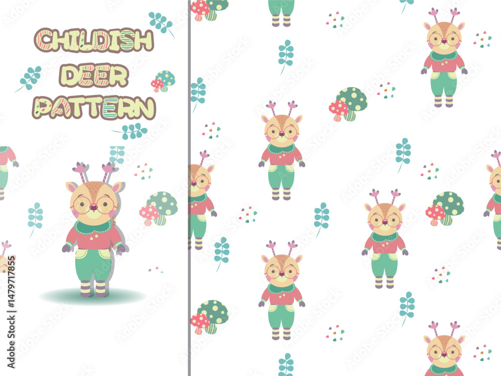 Seamless childish pattern with little deers. Forest pattern with cute woodland animals, mushrooms, and flora. Perfect for kids design, fabric, baby shower, textile, children room decoration.