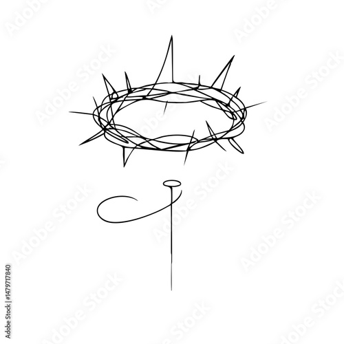 Crown of thorns with nails in minimalist line art style  