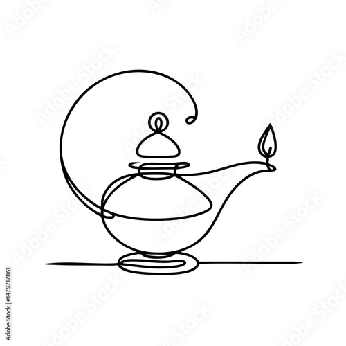 Minimalist line art of an oil lamp with a flickering flame  