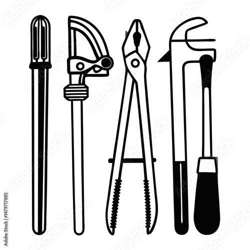 Plumbing tools including screwdriver, wrench, and pliers in black  